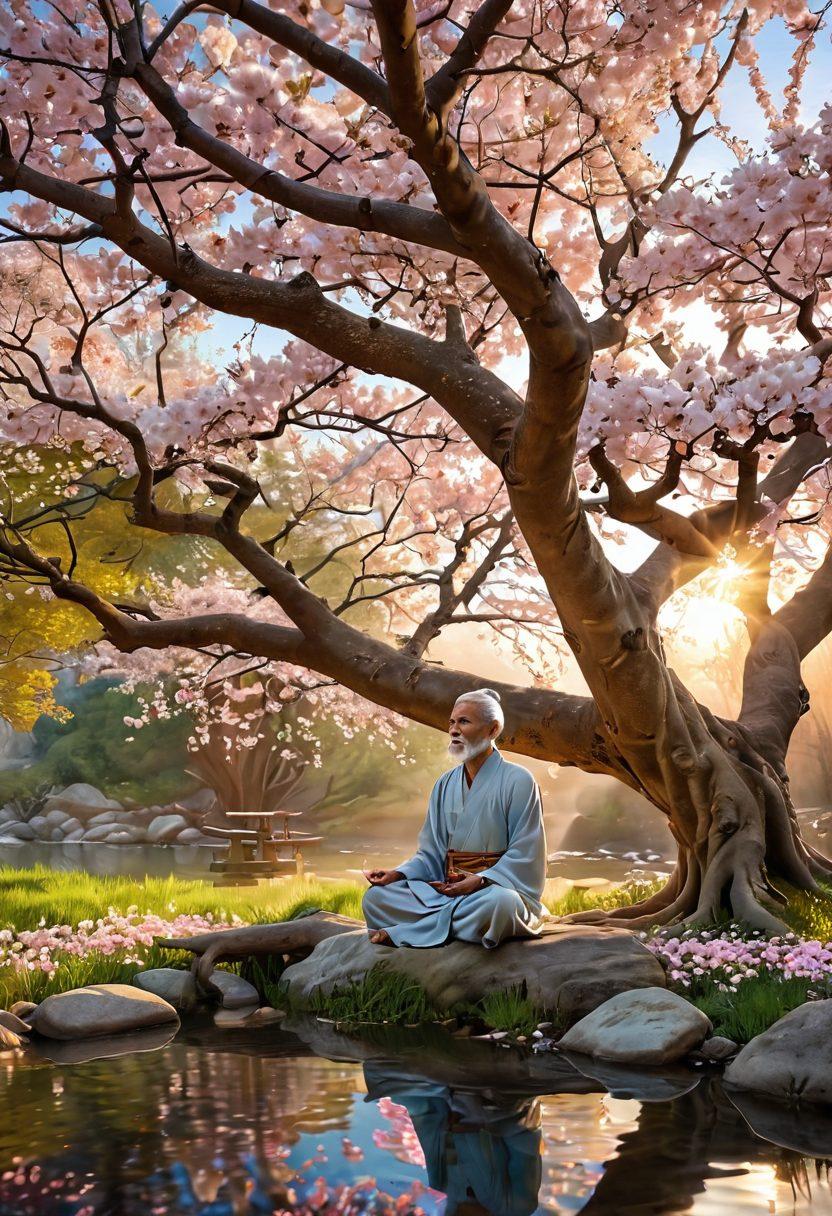 A serene landscape featuring a wise sage meditating under a blossoming cherry blossom tree, surrounded by beams of soft golden light. Include symbols of joy and enlightenment, such as glowing orbs and gentle streams flowing with crystal-clear water. The atmosphere should evoke tranquility and inner peace, inviting viewers to discover the essence of blissful living. vibrant colors. 3D. ethereal.