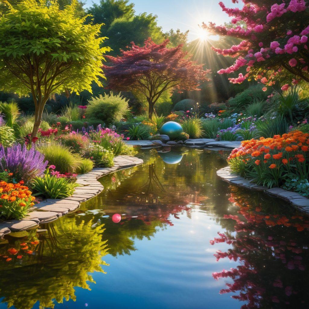 A serene garden scene with diverse flowers blooming under a bright sun, a tranquil pond reflecting the sky, and a gentle breeze creating ripples on the water. Include a meditating figure surrounded by glowing orbs of light representing positive energy. Incorporate vibrant colors to evoke feelings of joy and tranquility. mystical realism. vibrant colors. peaceful atmosphere.